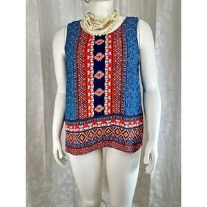Anne Carson Large Boho Sleeveless Tank Blue Orange Floral Full Button Back Top